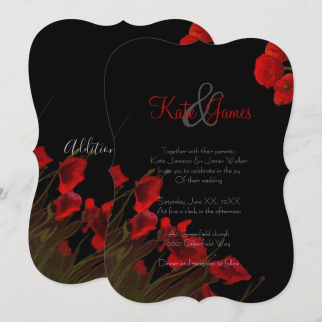 Bröllopsinbjudan Rec och Black Poppies Gothic Wedd Inbjudningar (Fram/baksida)