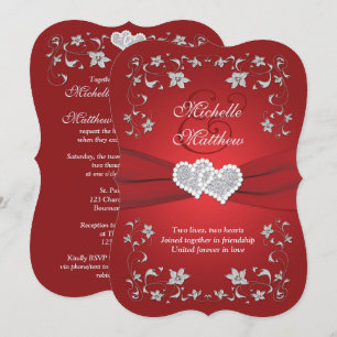 Bröllopsinbjudan Röd, Silver, Blommigt, Hearts 2 Inbjudningar