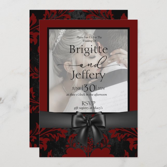 Bröllopsinbjudan röd & svart traditionell foto inbjudningar (Fram/baksida)
