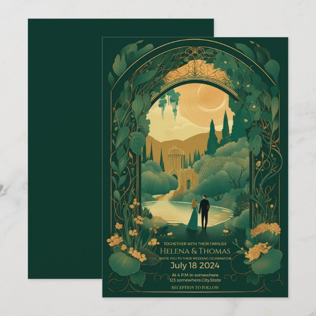 Bröllopsinbjudan Romantic Emerald Grönt och Guld Inbjudningar (Fram/baksida)