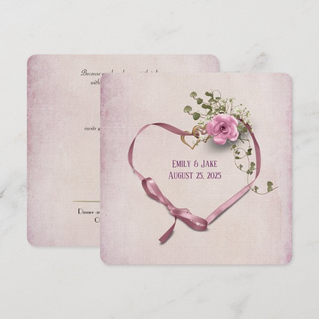 bröllopsinbjudan rosa-band med ringar inbjudningar (Fram/baksida)