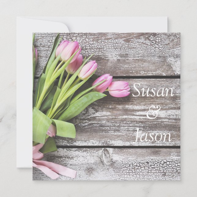 Bröllopsinbjudan - Rosa Tulips & Wood Inbjudningar (Framsida)