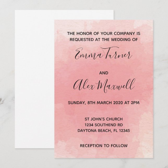 Bröllopsinbjudan | Rosa Watercolor Script Inbjudningar (Fram/baksida)