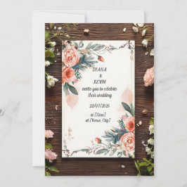 Bröllopsinbjudan Rosmotiv på Träbakgrund Inbjudningar