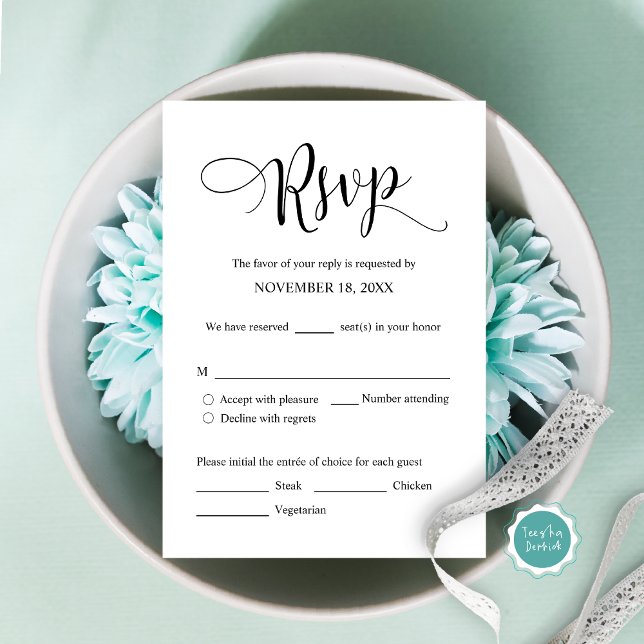 Bröllopsinbjudan RSVP Svara, Måltidsalternativ Kor Tilläggskort (Modern Wedding Invitation RSVP card, with meal options, accept, decline and number attending.)