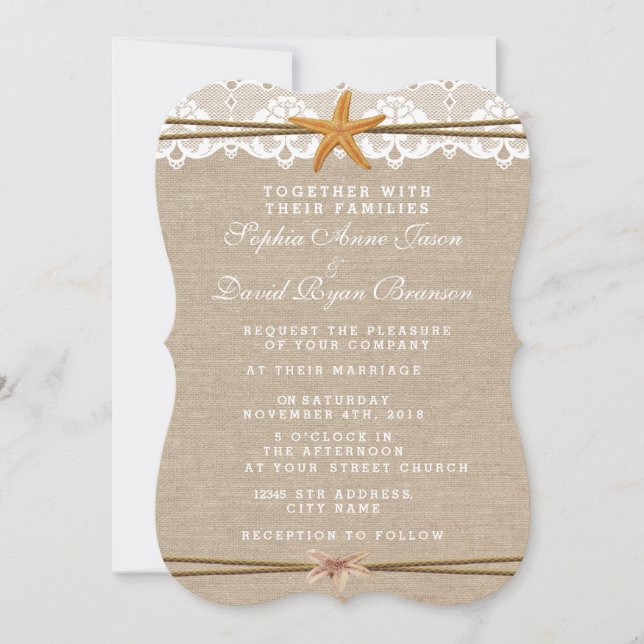 Bröllopsinbjudan Rustic Beach Starfish Snöre Inbjudningar (Framsida)