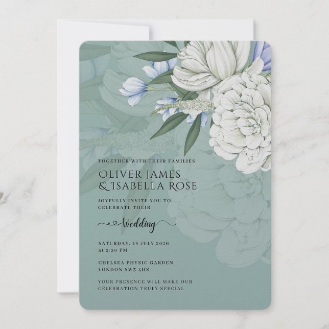 Bröllopsinbjudan | Salvia Grön & Vita Peonies Inbjudningar (Framsida)