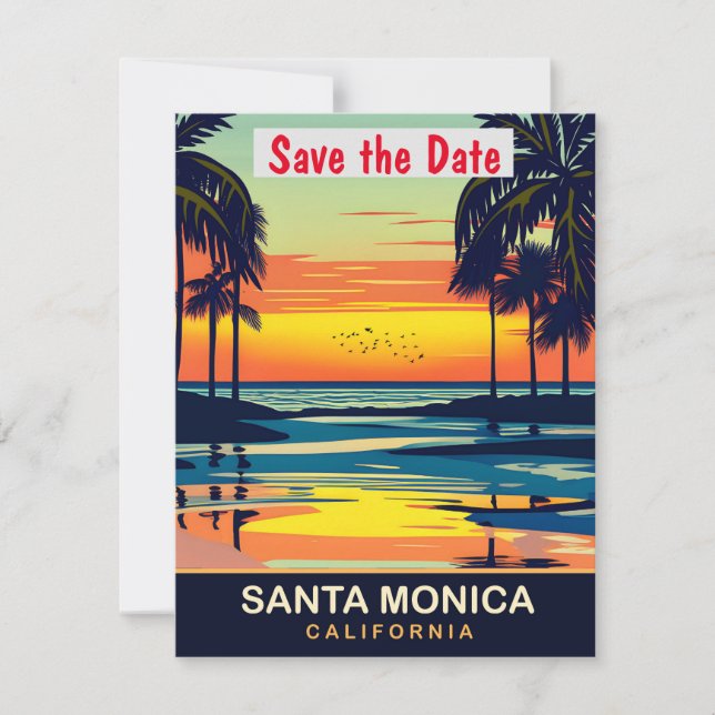 Bröllopsinbjudan Santa Monica Kalifornien Palmer Spara Datumet (Framsida)