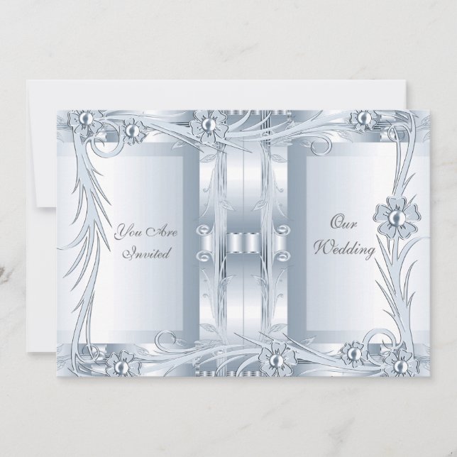 Bröllopsinbjudan Silver Blå Art Deco Blommig Inbjudningar (Framsida)
