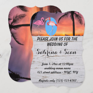 Bröllopsinbjudan Strand Flamingo Palm Romantisk Inbjudningar