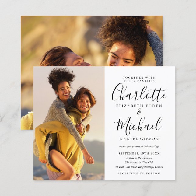 Bröllopsinbjudan Svart och Vitt Foto på Budget (Fram/baksida)