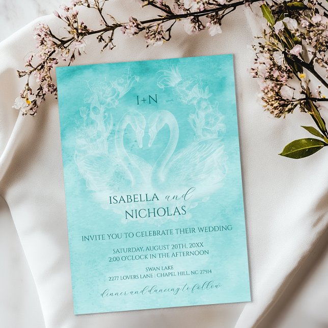 Bröllopsinbjudan Teal Svan med Monogram Inbjudningar (Teal Romantic Wedding Invite)