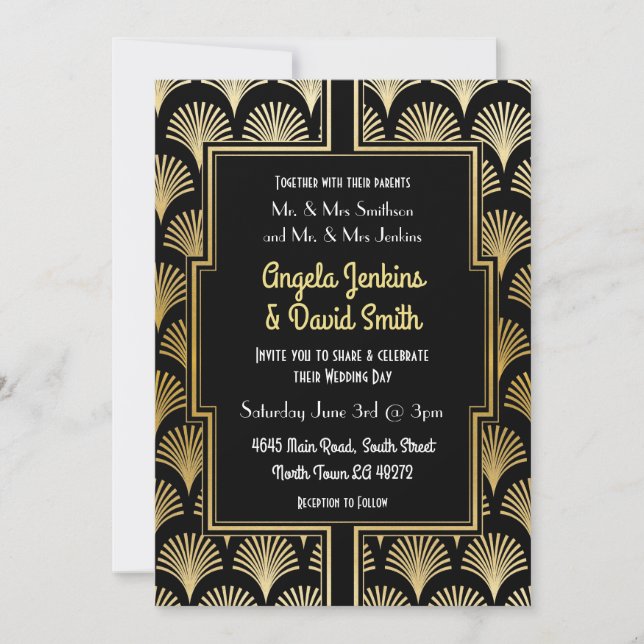 Bröllopsinbjudan till 1920 års Black Guld Art Deco Inbjudningar (Framsida)
