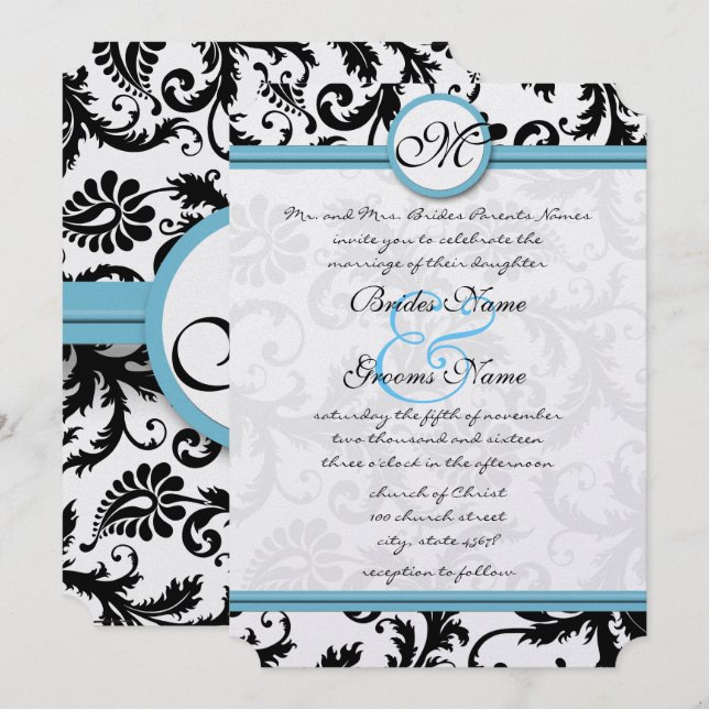 Bröllopsinbjudan till Bassäng Blue Damask Swirls 5 Inbjudningar (Fram/baksida)