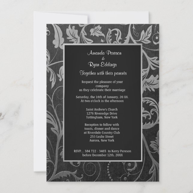 Bröllopsinbjudan till Black and Silver Damask Inbjudningar (Framsida)