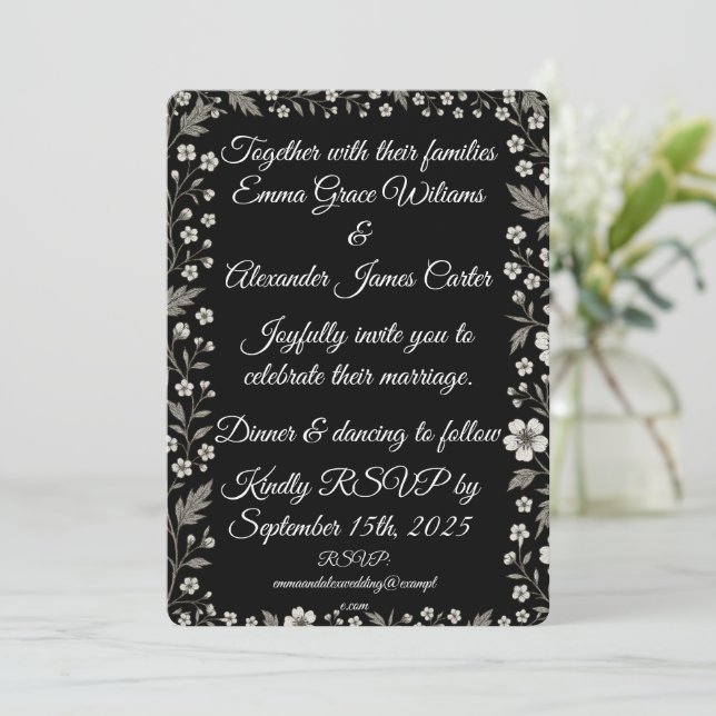 Bröllopsinbjudan till Black Blommigt med Elegant W Inbjudningar (Stående Fram)