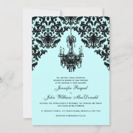 Bröllopsinbjudan till Black Blue Damask Chandelier Inbjudningar