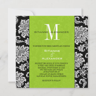 Bröllopsinbjudan till Black Damask Grönt Monogram- Inbjudningar