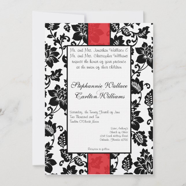 Bröllopsinbjudan till Black/Red Blommigt Damask Inbjudningar (Framsida)