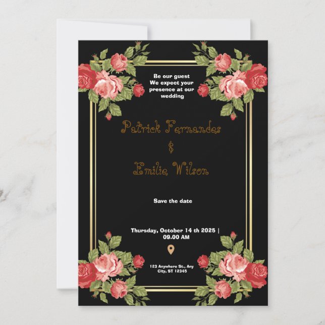 Bröllopsinbjudan till Blommigten Black och Guld Inbjudningar (Framsida)