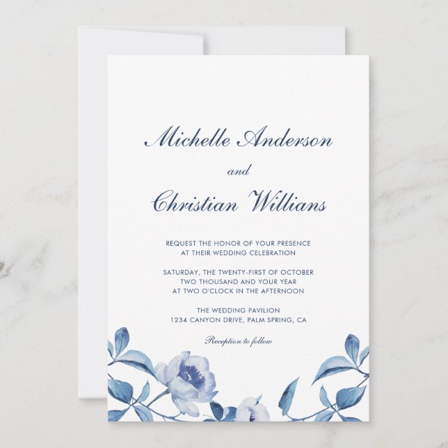 Bröllopsinbjudan till Blommigten Blue Watercolor Inbjudningar (Framsida)