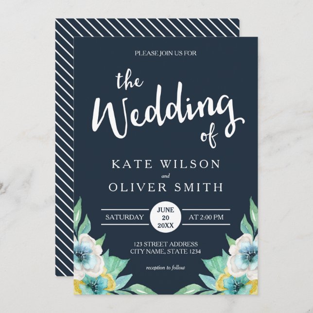Bröllopsinbjudan till Blommigten Blue Watercolor Inbjudningar (Fram/baksida)