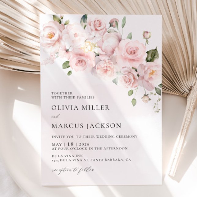 Bröllopsinbjudan till Blommigten Boho  Rosa ros Inbjudningar (Wedding Invitation Front)
