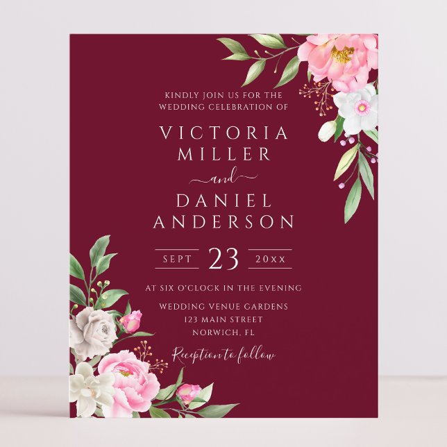 Bröllopsinbjudan till Blommigten Burgundy Watercol (Skapare uppladdad)