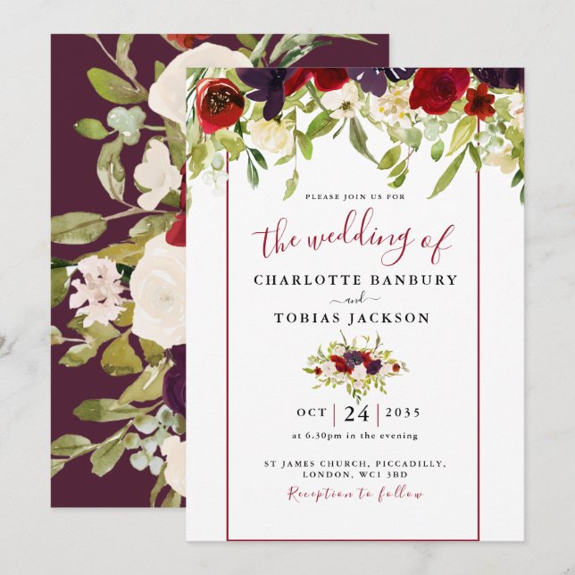 Bröllopsinbjudan till Blommigten Burgundy Watercol Inbjudningar (Fram/baksida)