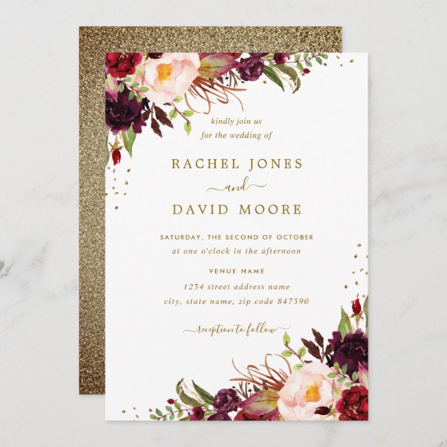Bröllopsinbjudan till Blommigten guld Burgundy  Wa Inbjudningar (Fram/baksida)