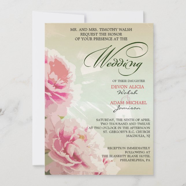 Bröllopsinbjudan till Blommigten inom Rosa och Grö Inbjudningar (Framsida)