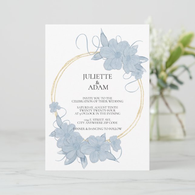 Bröllopsinbjudan till Blommigten Light Blue and Gu Inbjudningar (Stående Fram)