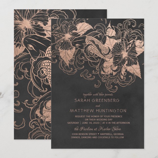 Bröllopsinbjudan till Blommigten Ro Gold Foil  Koi Inbjudningar (Fram/baksida)