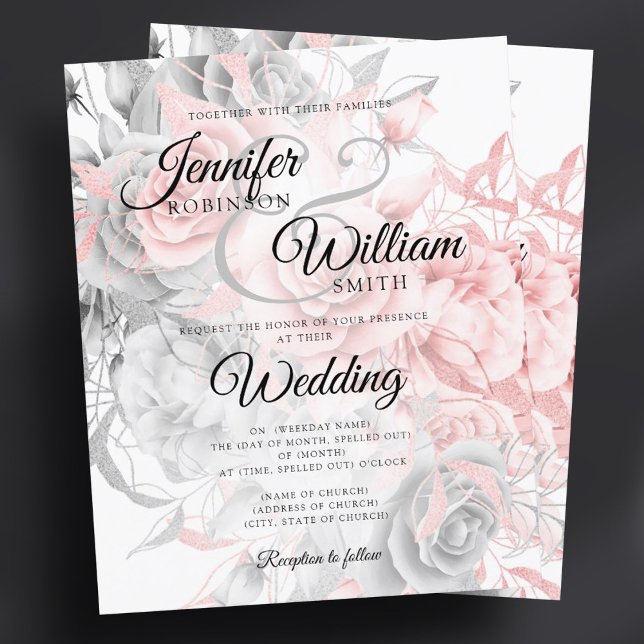 Bröllopsinbjudan till Blommigten Ro Guld Silver (Budget Floral Wedding Invitation Rose Gold Silver )