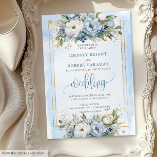 Bröllopsinbjudan till Boho Pastel Blue Guld-blommo Inbjudningar