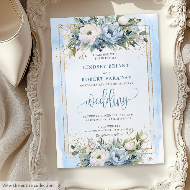 Bröllopsinbjudan till Boho Pastel Blue Guld-blommo Inbjudningar (Boho Pastel Blue Gold Flowers Wedding Invitation)