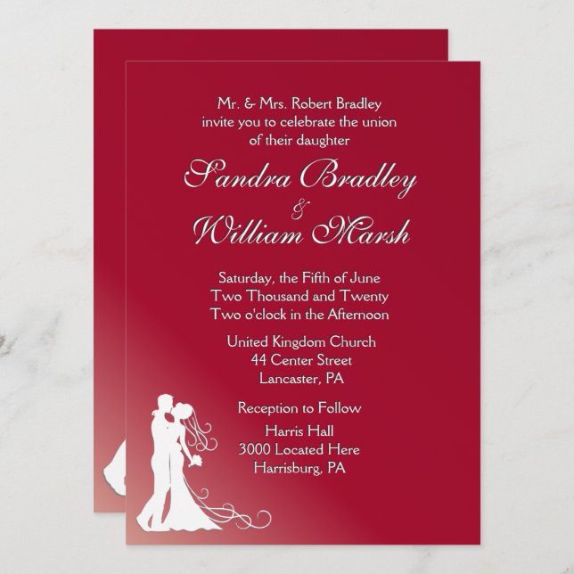 Bröllopsinbjudan till Bride och Groom Burgundy Inbjudningar (Fram/baksida)
