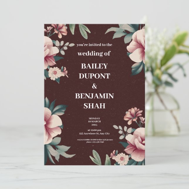 Bröllopsinbjudan till Brown Peach Blommigt Wedding Inbjudningar (Stående Fram)