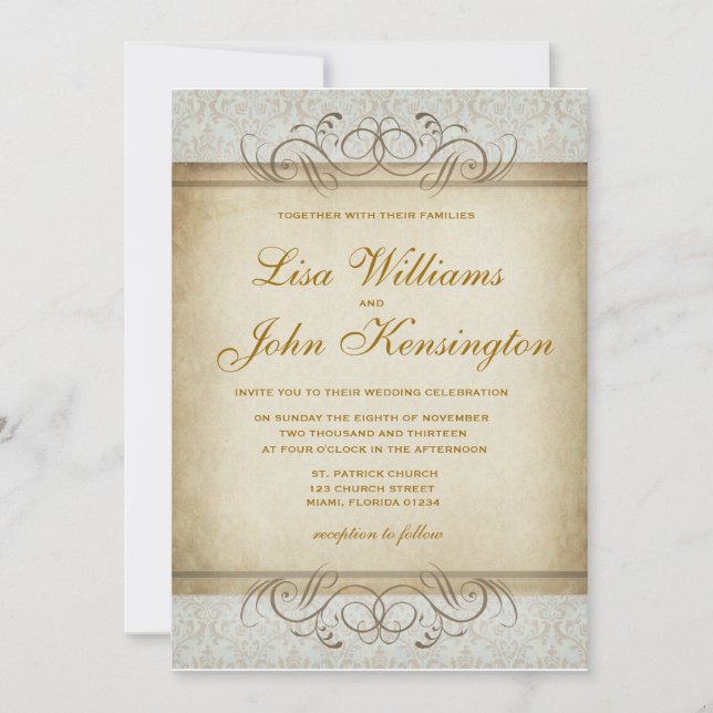 Bröllopsinbjudan till Brownish Vintage Damask Inbjudningar (Framsida)