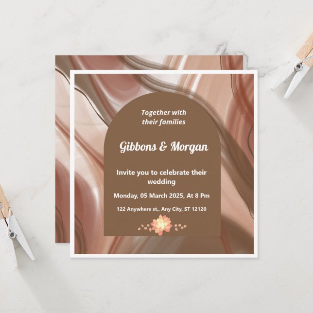 Bröllopsinbjudan till Brun Arch & Abstrakt Swirl-b Inbjudningar (Fram/Back In Situ)