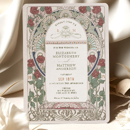Bröllopsinbjudan till Burgundy Art nouveau Mucha Inbjudningar