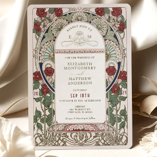 Bröllopsinbjudan till Burgundy Art nouveau Mucha Inbjudningar