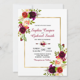 Bröllopsinbjudan till Burgundy Blommigt Guld Ram