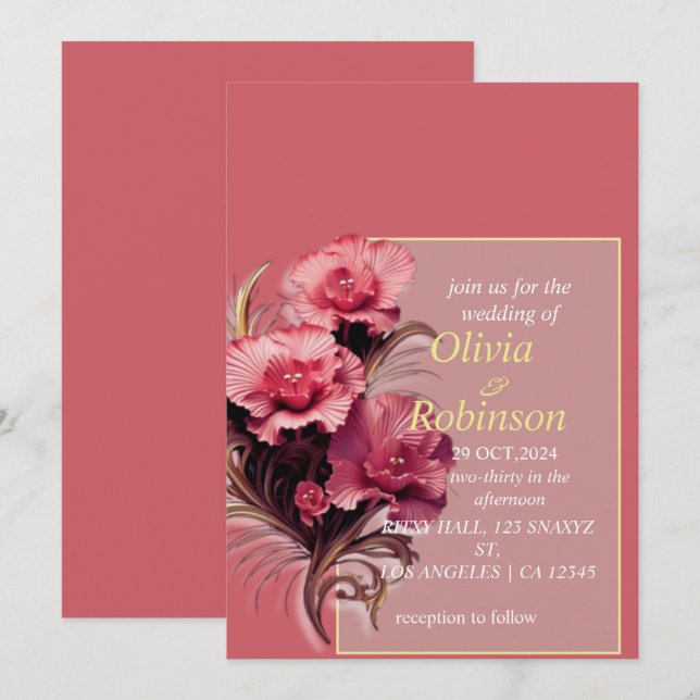 Bröllopsinbjudan till Burgundy Blommigt Inbjudningar (Fram/baksida)