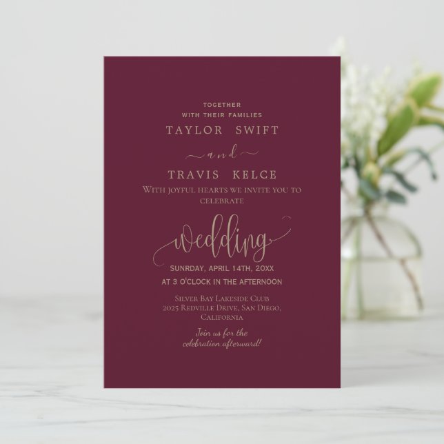 Bröllopsinbjudan till Burgundy Calligraphy Wedding Inbjudningar (Stående Fram)