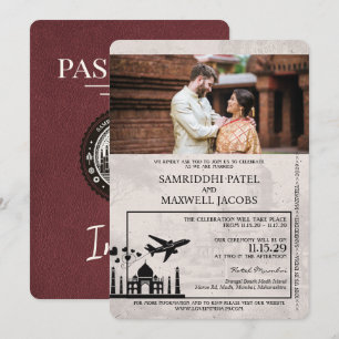 Bröllopsinbjudan till Burgundy India Passport bröl Inbjudningar