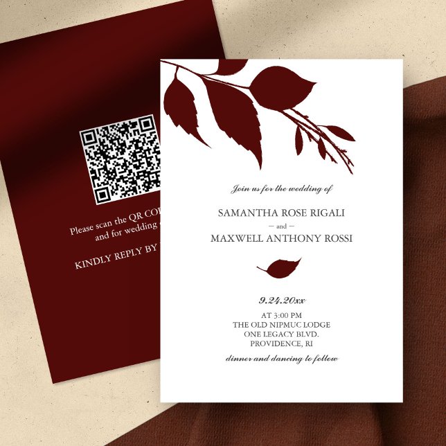 Bröllopsinbjudan till Burgundy med QR-kod Inbjudningar (QR code fall wedding invitation botanical burgundy leaves minimalistic)