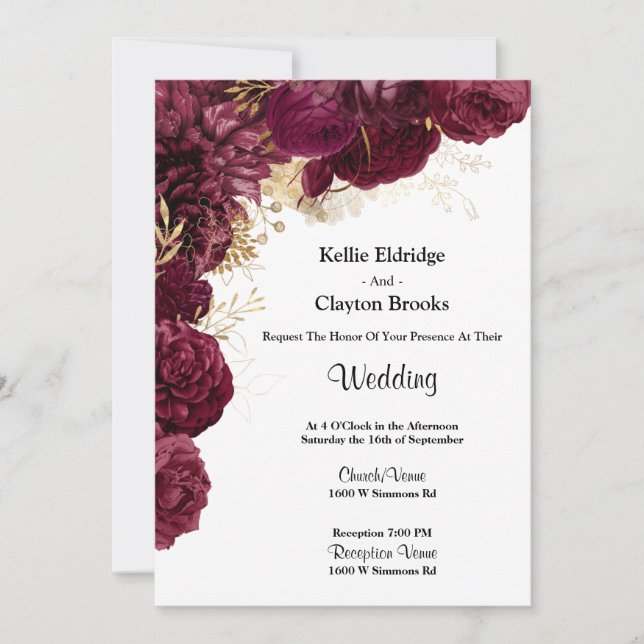 Bröllopsinbjudan till Burgundy och Guld Blommigt Inbjudningar (Framsida)
