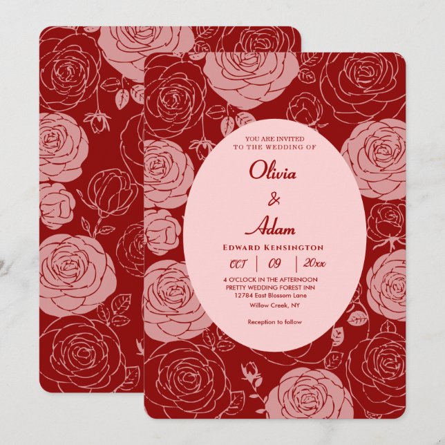 Bröllopsinbjudan till Burgundy Ro Inbjudningar (Fram/baksida)