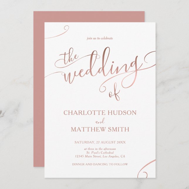 Bröllopsinbjudan till Calligraphy Guld elegant i R Inbjudningar (Fram/baksida)